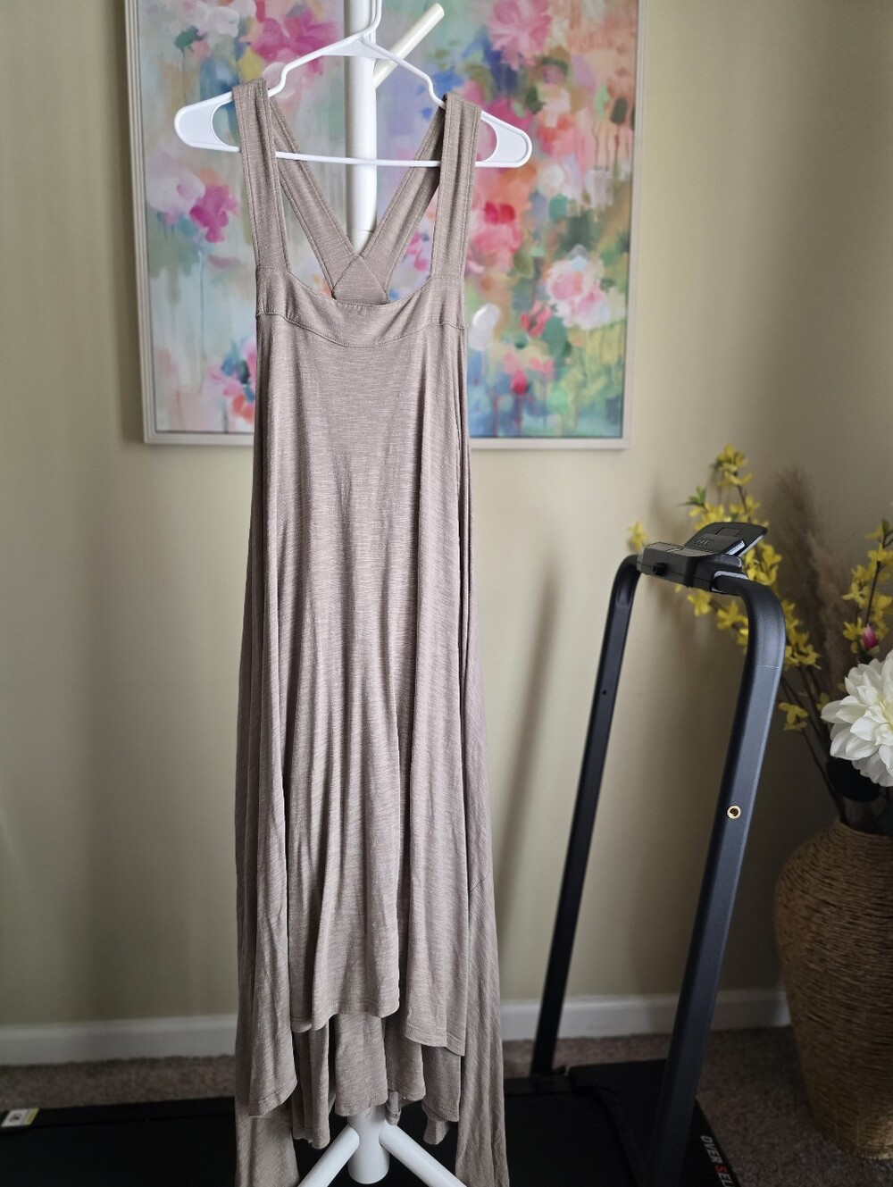 Free People Beach Taupe Handkerchief Hem Maxi Dress L Boho Oversized Made USA - Picture 3 of 7